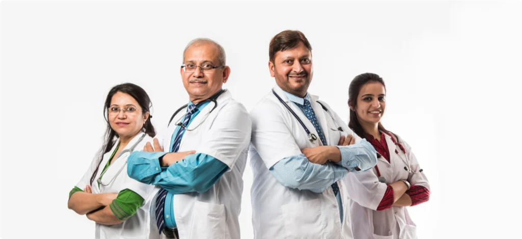 image of expert MBBS doctors lined up in a manner showing them all in white coat with stethescope